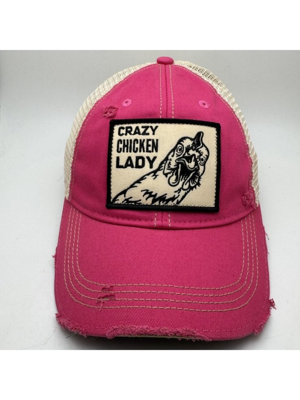 Crazy Chicken Lady Distressed Trucker Hat Pink Tan Mesh Adjustable Cap Headmost
